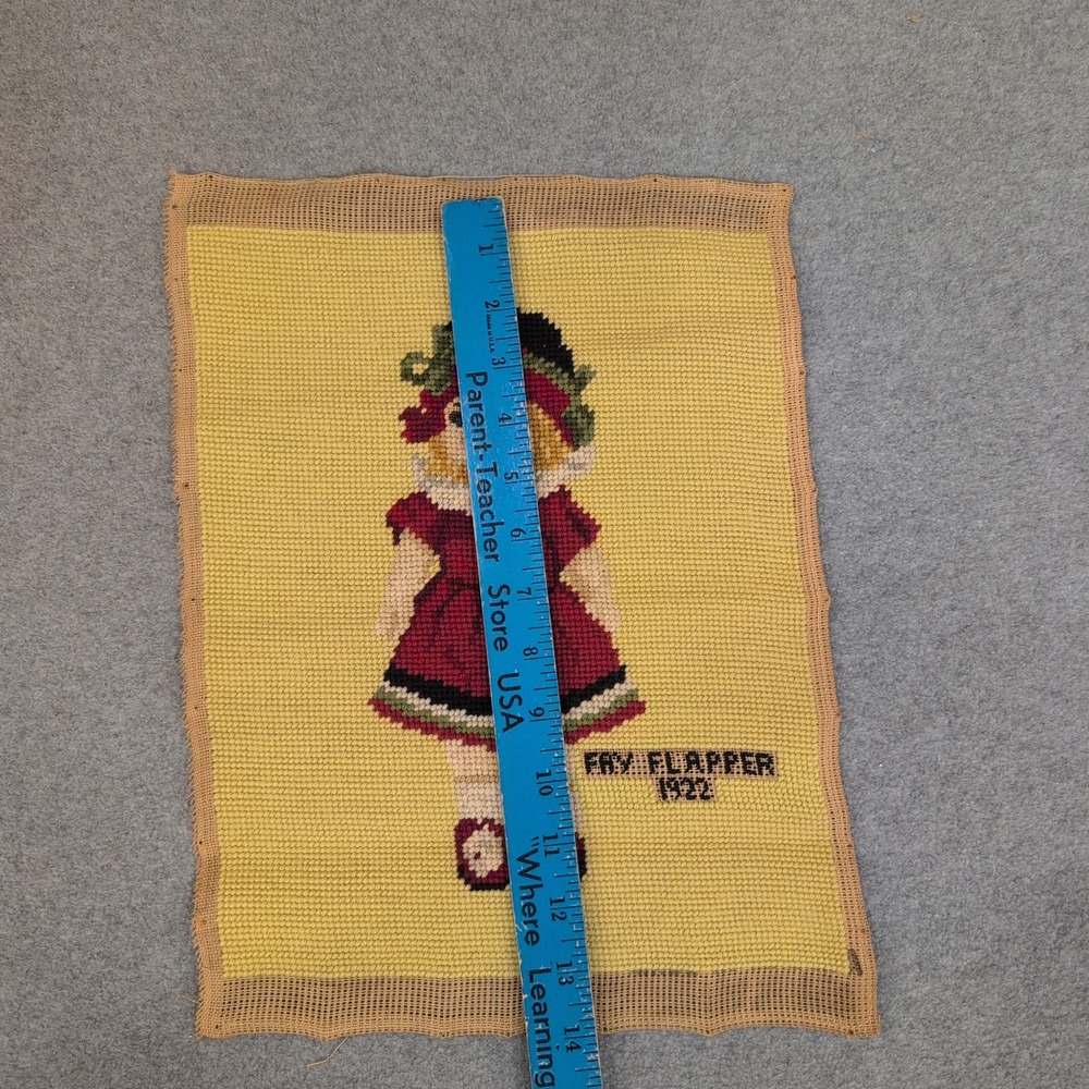 Vintage Fay Flapper 1922 Needlepoint Textile Art Yellow Red Handmade Tapestry - Picture 3 of 4